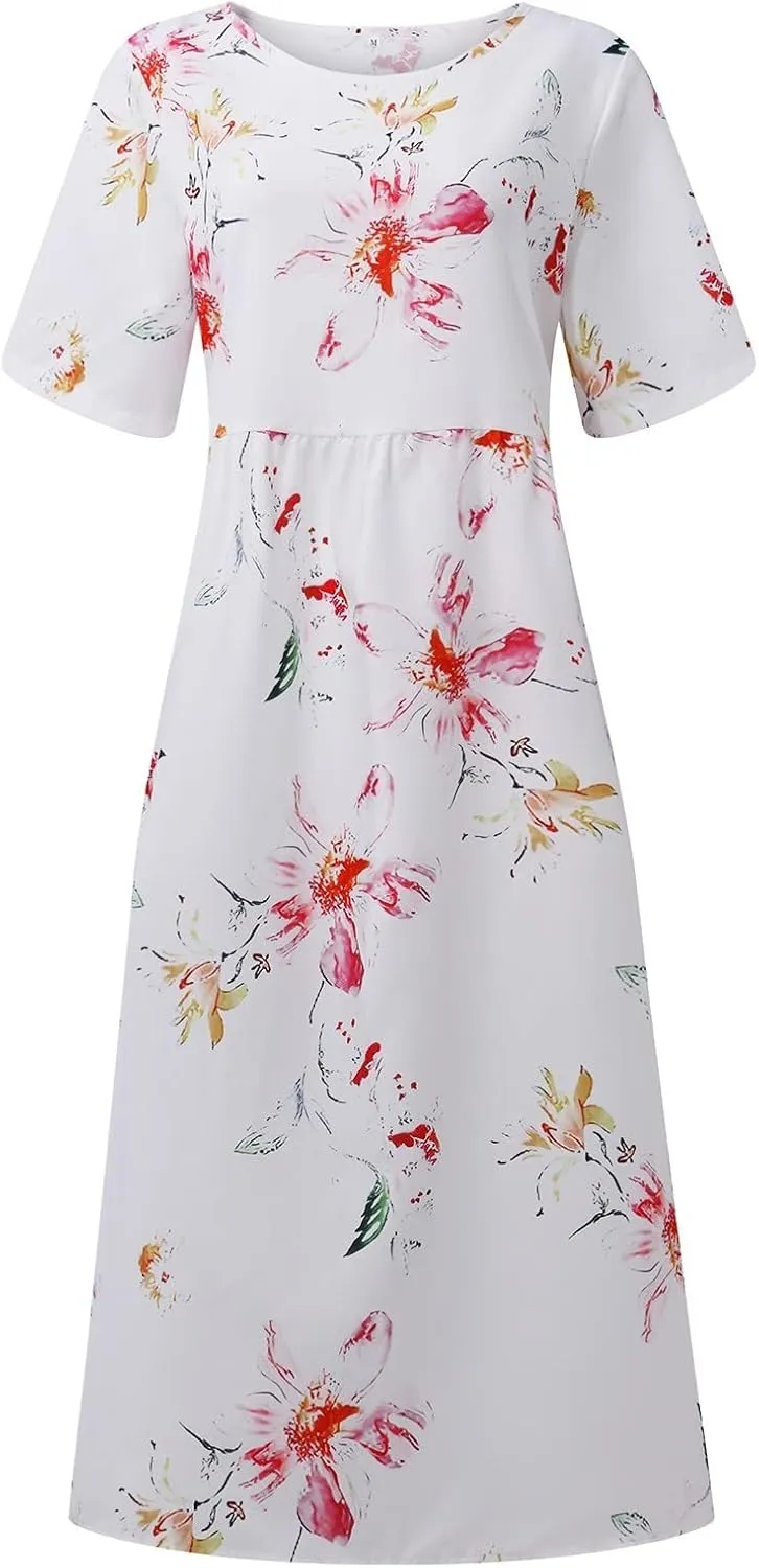 Midi Dress for Women 2025 Summer Casual Short Sleeve Floral A-Line T-Shirt Dress Midi Flowy with Pockets