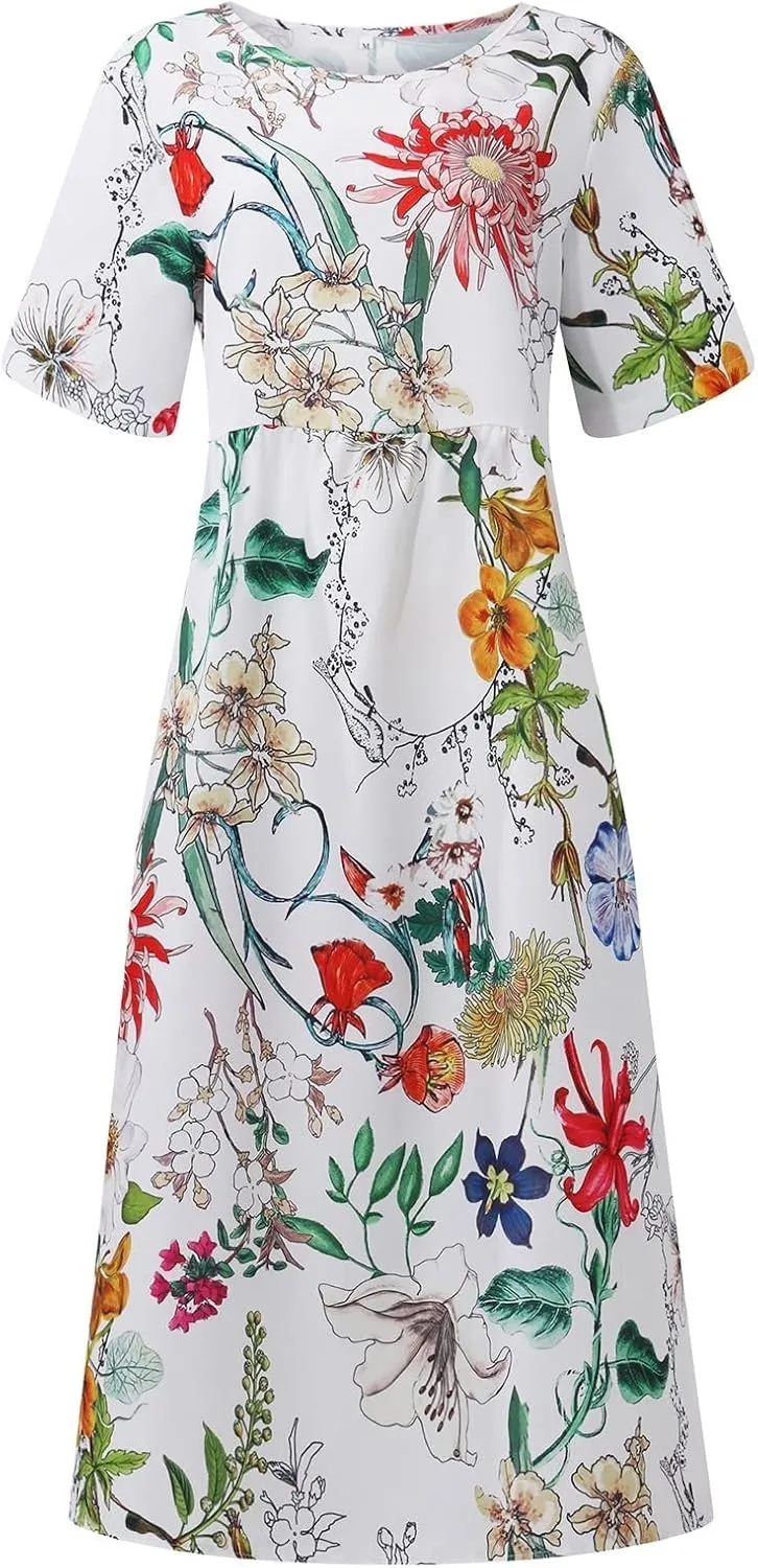 Midi Dress for Women 2025 Summer Casual Short Sleeve Floral A-Line T-Shirt Dress Midi Flowy with Pockets