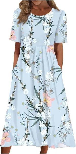 Midi Dress for Women 2025 Summer Casual Short Sleeve Floral A-Line T-Shirt Dress Midi Flowy with Pockets