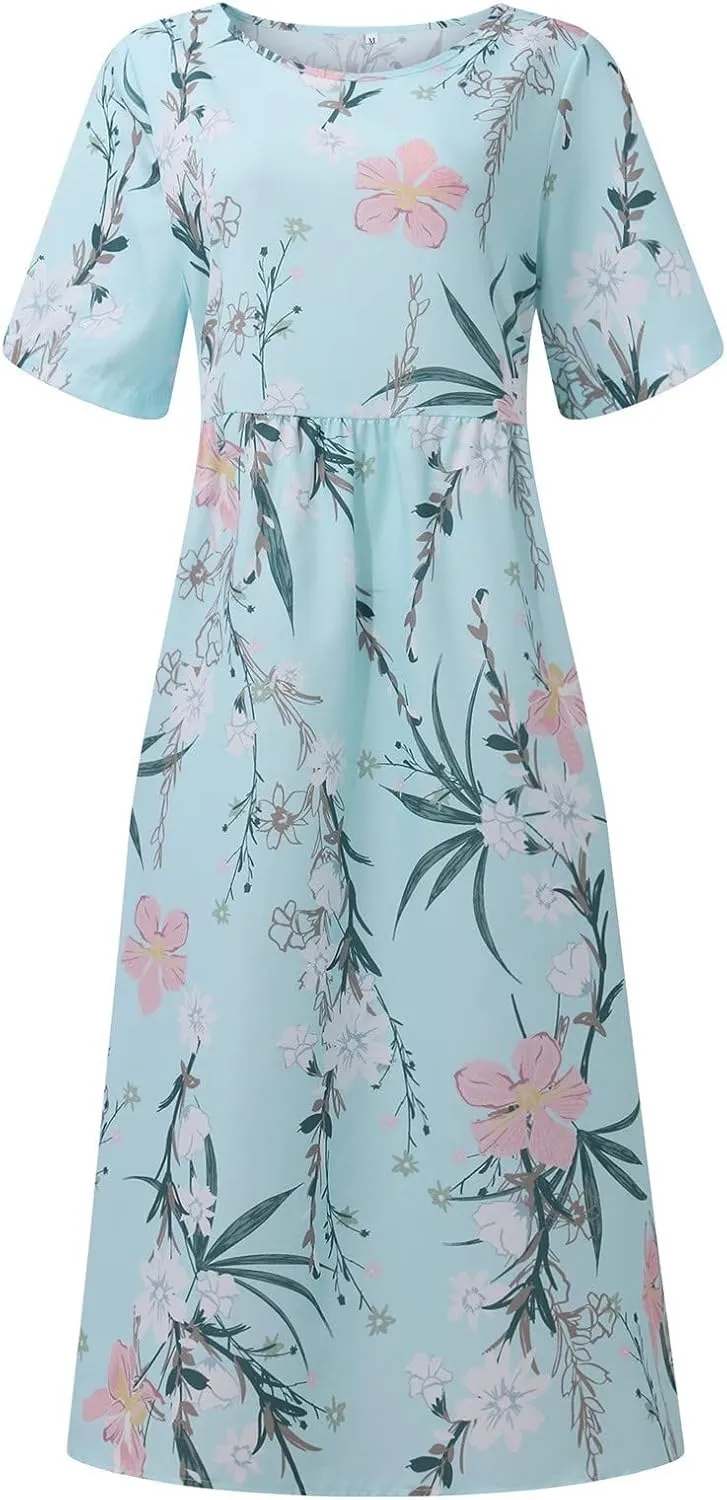 Midi Dress for Women 2025 Summer Casual Short Sleeve Floral A-Line T-Shirt Dress Midi Flowy with Pockets