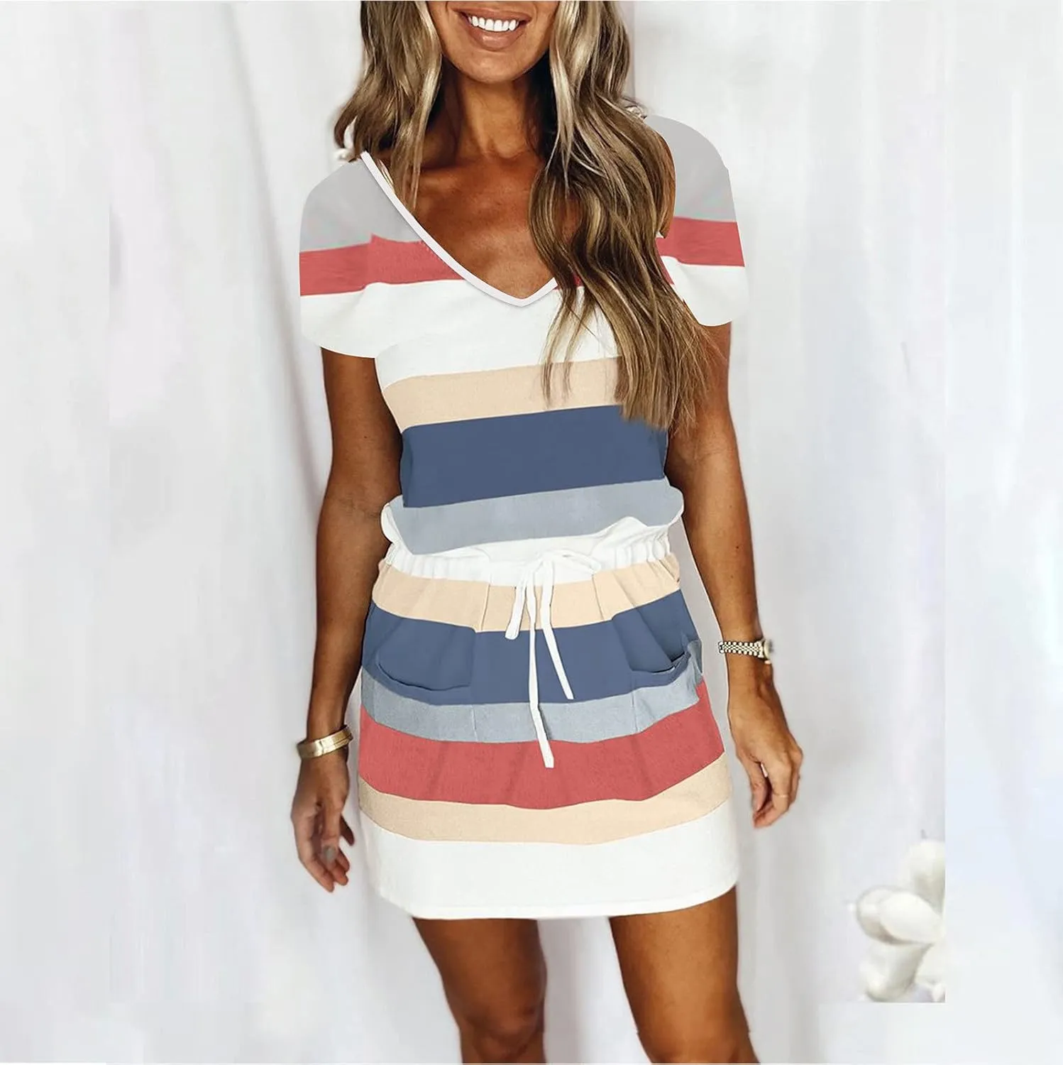 Midi Dresses for Women Summer Casual Striped Spaghetti Strap V Neck Dresses Drawstring Waist Vacation Beach Sundresses