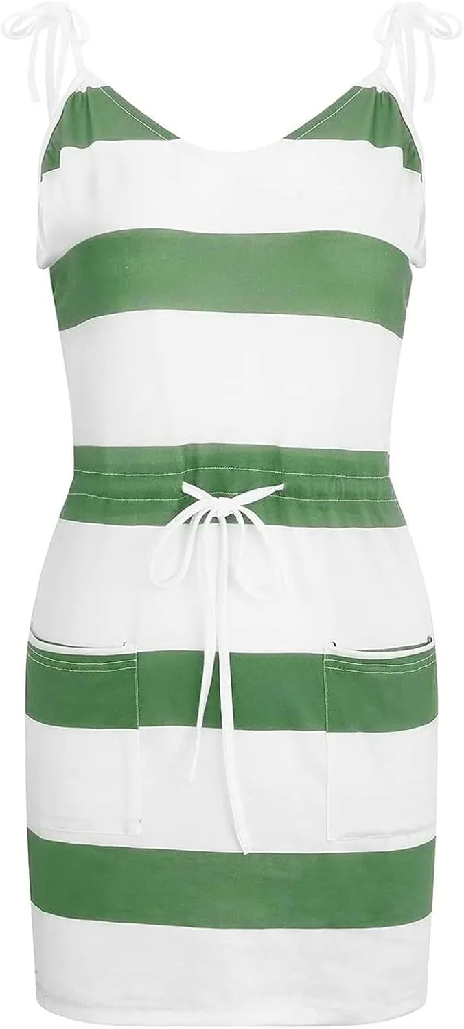 Midi Dresses for Women Summer Casual Striped Spaghetti Strap V Neck Dresses Drawstring Waist Vacation Beach Sundresses