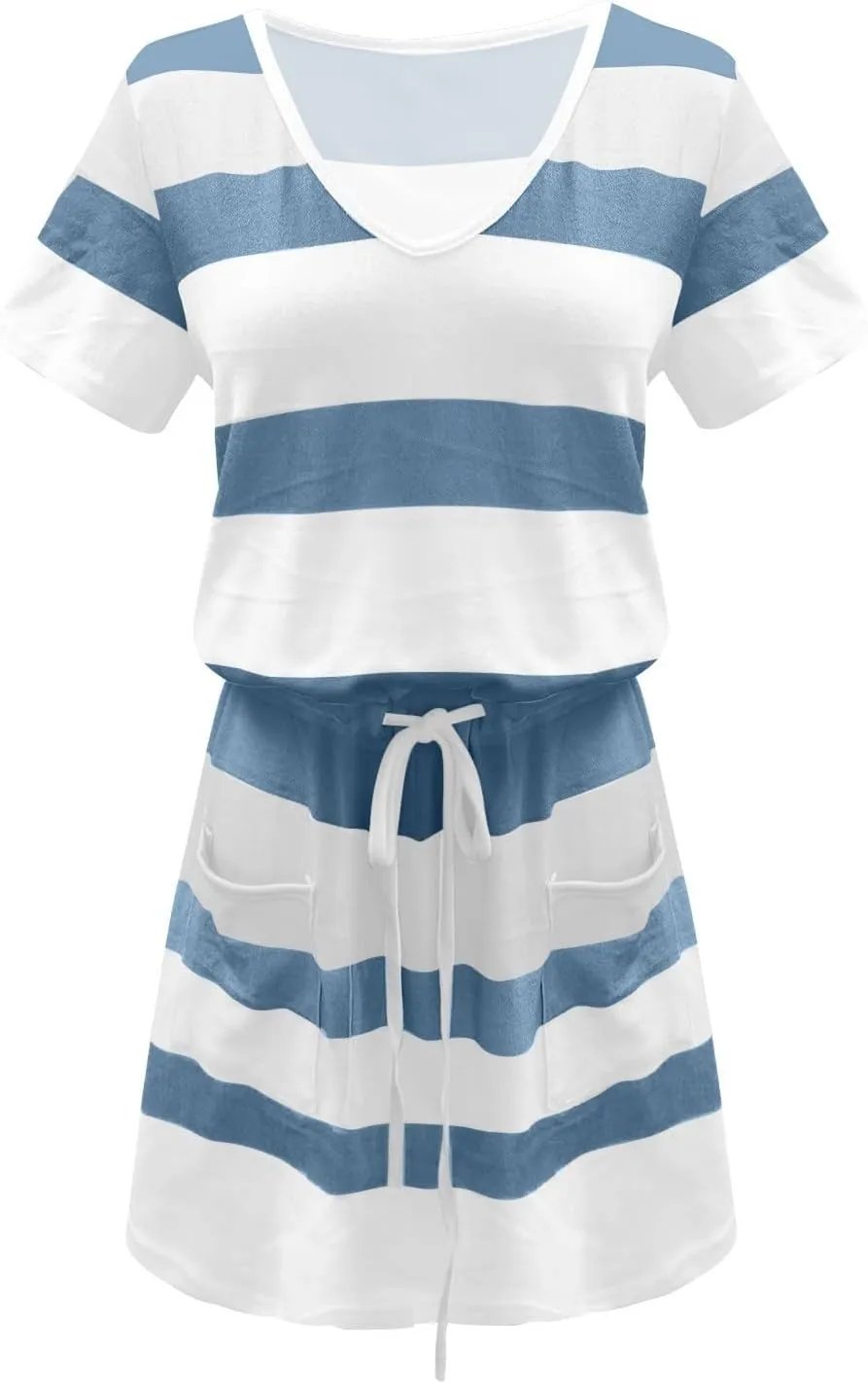 Midi Dresses for Women Summer Casual Striped Spaghetti Strap V Neck Dresses Drawstring Waist Vacation Beach Sundresses
