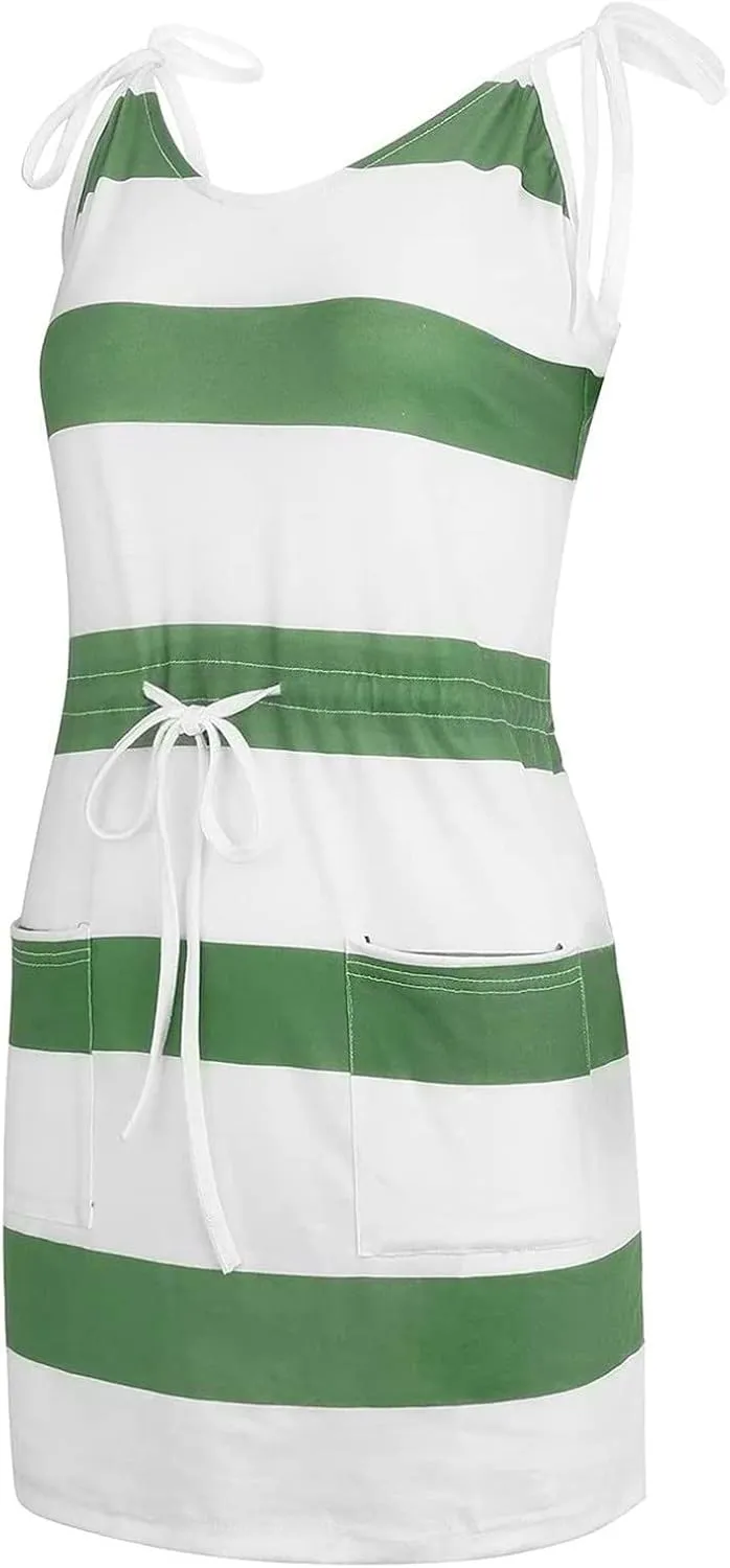 Midi Dresses for Women Summer Casual Striped Spaghetti Strap V Neck Dresses Drawstring Waist Vacation Beach Sundresses