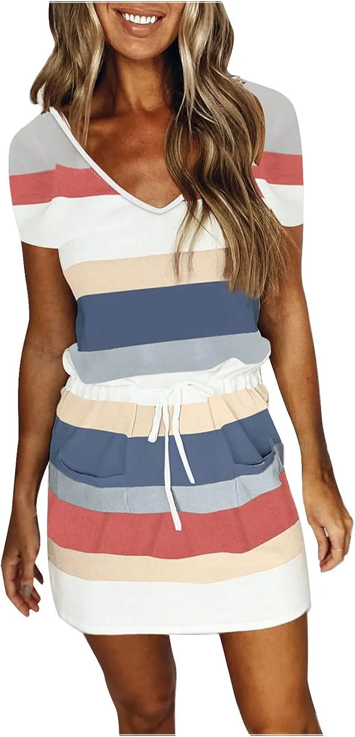 Midi Dresses for Women Summer Casual Striped Spaghetti Strap V Neck Dresses Drawstring Waist Vacation Beach Sundresses