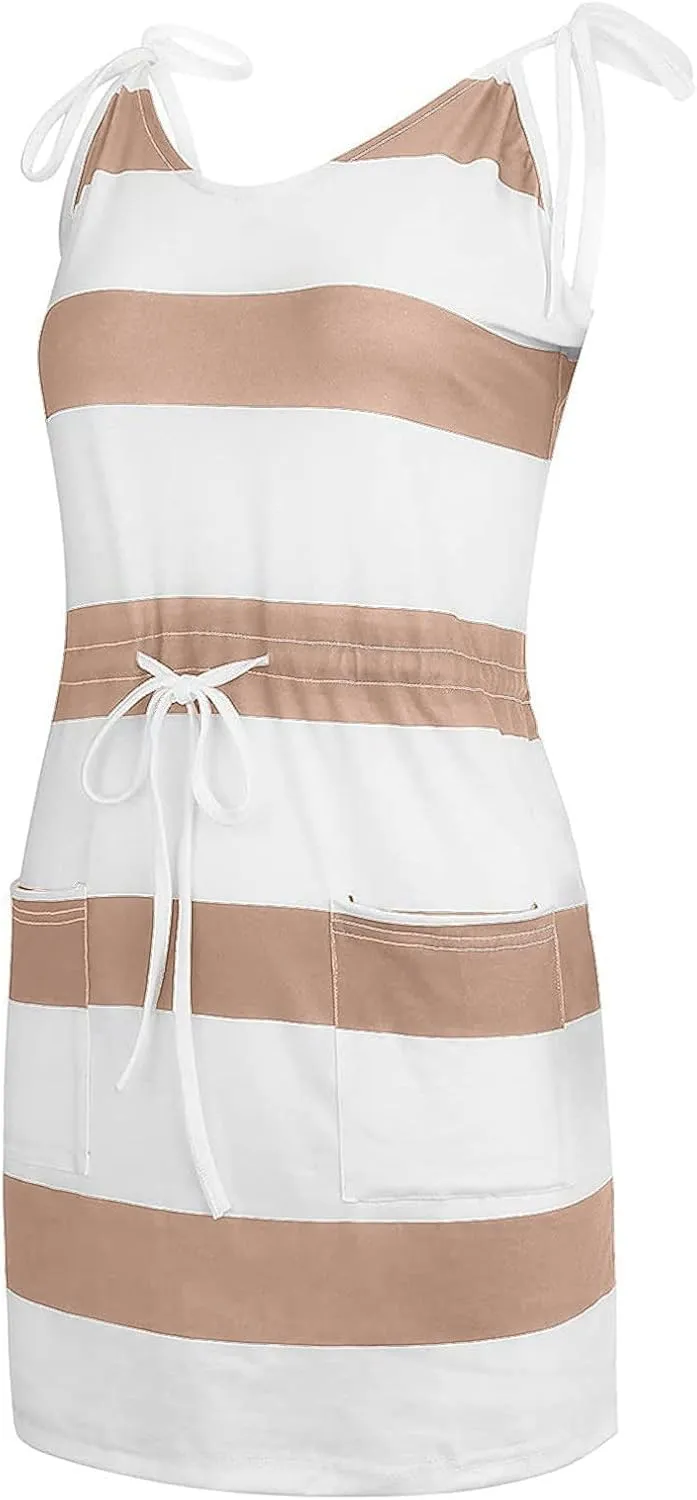 Midi Dresses for Women Summer Casual Striped Spaghetti Strap V Neck Dresses Drawstring Waist Vacation Beach Sundresses