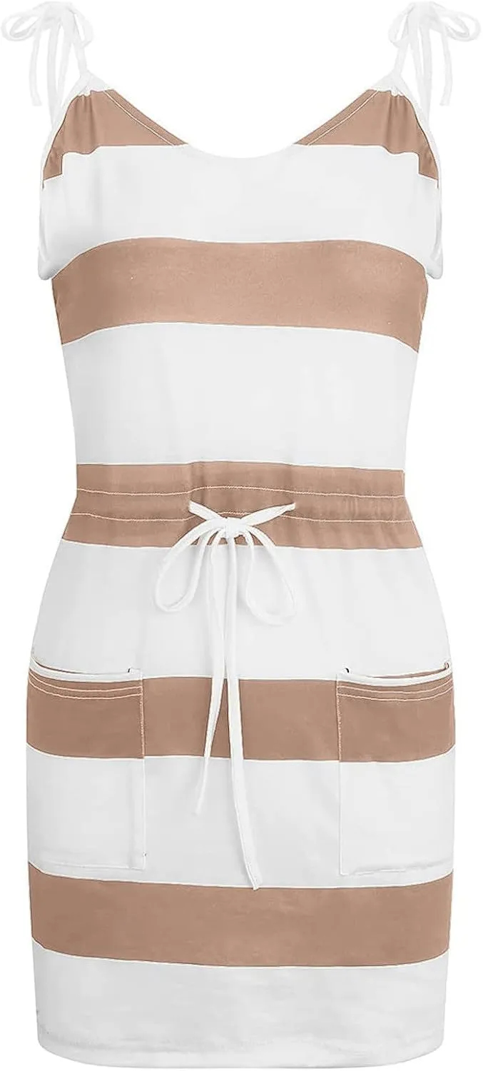 Midi Dresses for Women Summer Casual Striped Spaghetti Strap V Neck Dresses Drawstring Waist Vacation Beach Sundresses