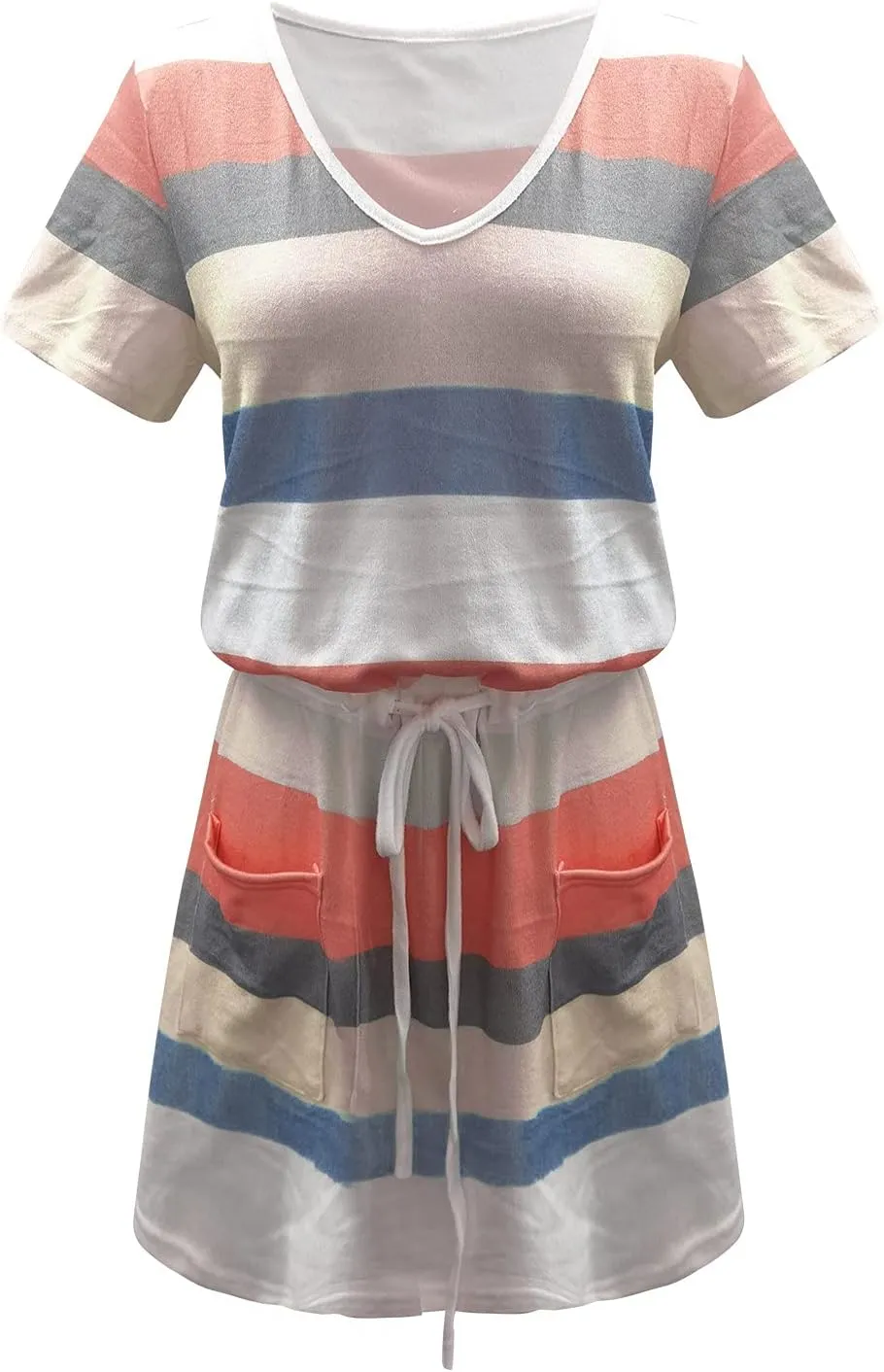 Midi Dresses for Women Summer Casual Striped Spaghetti Strap V Neck Dresses Drawstring Waist Vacation Beach Sundresses