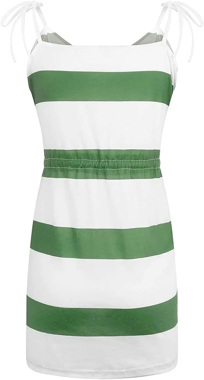 Midi Dresses for Women Summer Casual Striped Spaghetti Strap V Neck Dresses Drawstring Waist Vacation Beach Sundresses