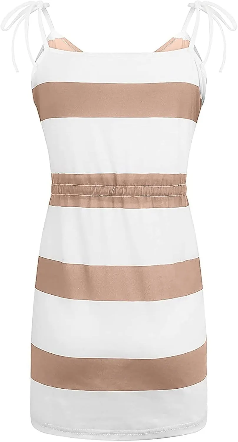 Midi Dresses for Women Summer Casual Striped Spaghetti Strap V Neck Dresses Drawstring Waist Vacation Beach Sundresses