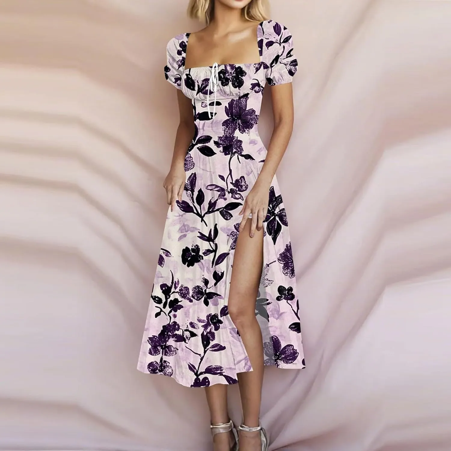 Midi Dresses for Women Summer Puff Sleeve Square Neck A Line Floral Dress for Wedding Ruched High Waist Split Dresses