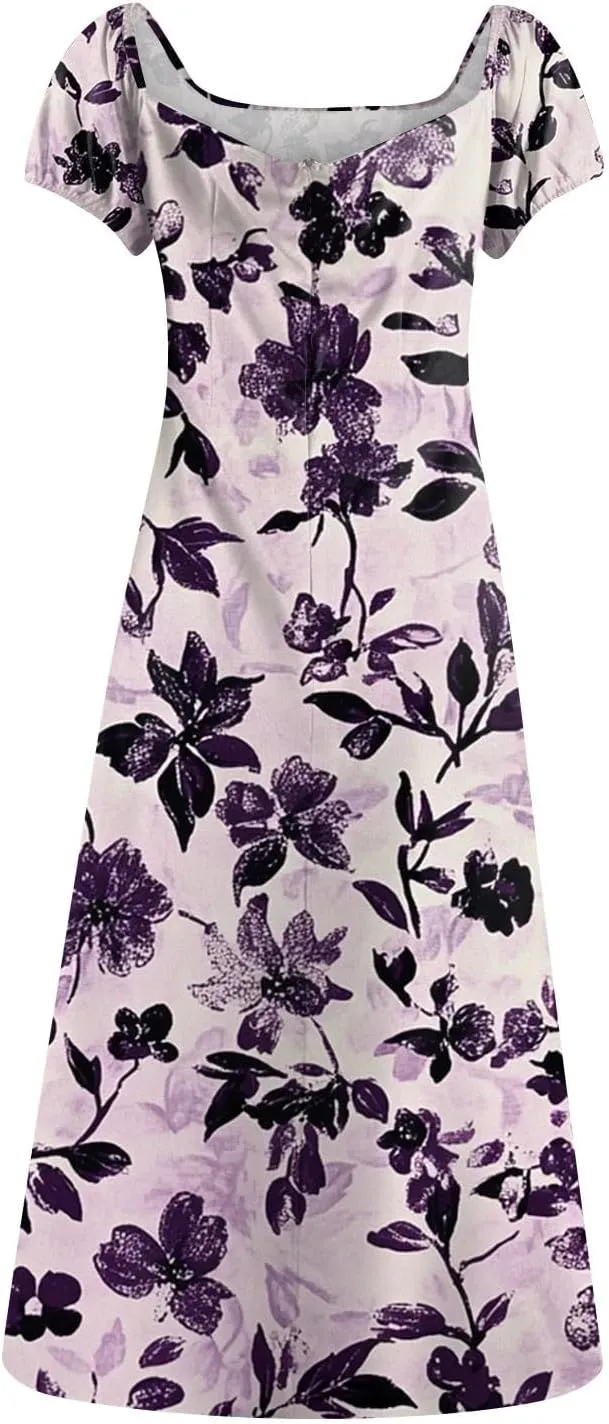 Midi Dresses for Women Summer Puff Sleeve Square Neck A Line Floral Dress for Wedding Ruched High Waist Split Dresses