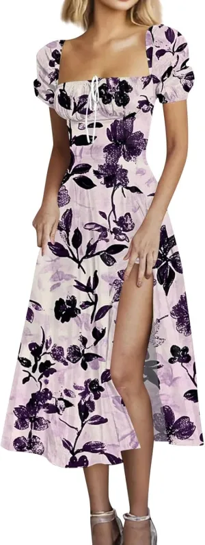 Midi Dresses for Women Summer Puff Sleeve Square Neck A Line Floral Dress for Wedding Ruched High Waist Split Dresses