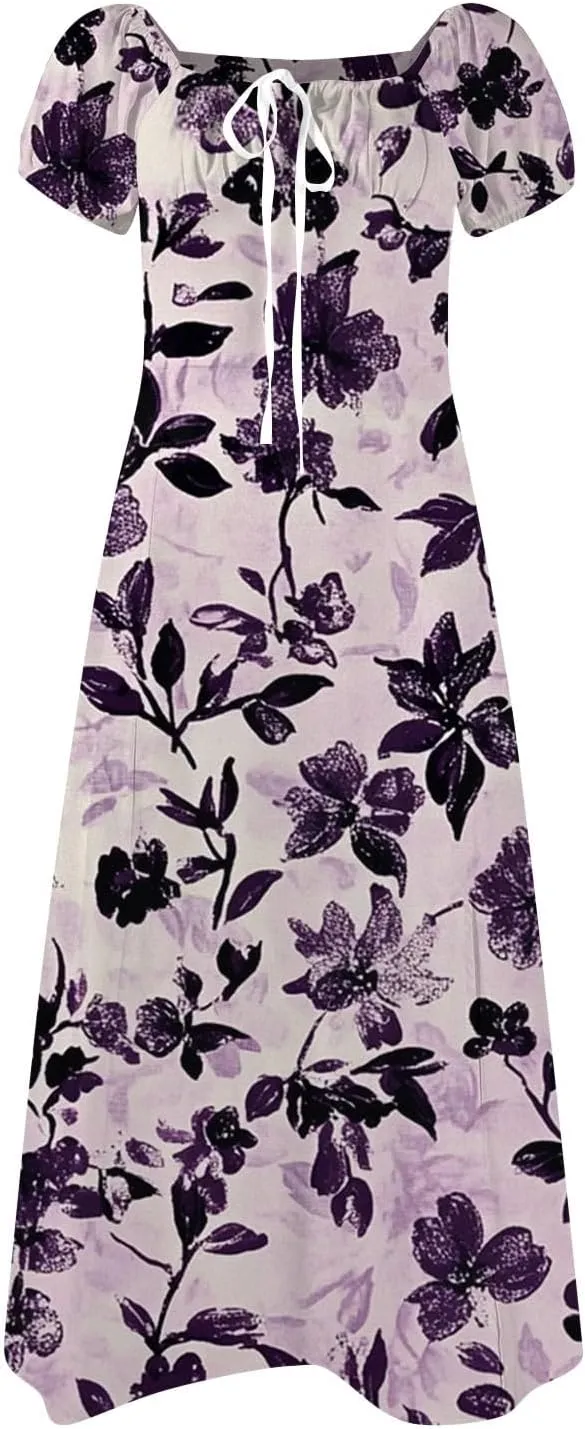Midi Dresses for Women Summer Puff Sleeve Square Neck A Line Floral Dress for Wedding Ruched High Waist Split Dresses