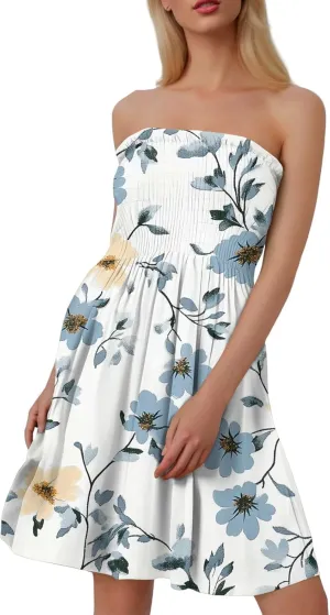 Mini Dresses for Womens Casual Summer Tanks Going Out Floral Print Sleeveless Loose Strapless/Tube Dress Plus Size