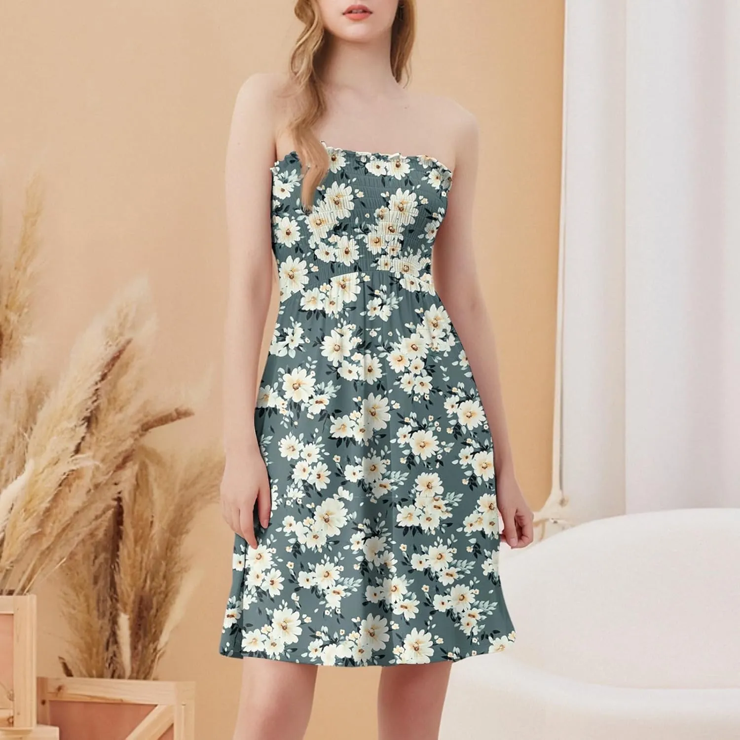 Mini Dresses for Womens Casual Summer Tanks Going Out Floral Print Sleeveless Loose Strapless/Tube Dress Plus Size