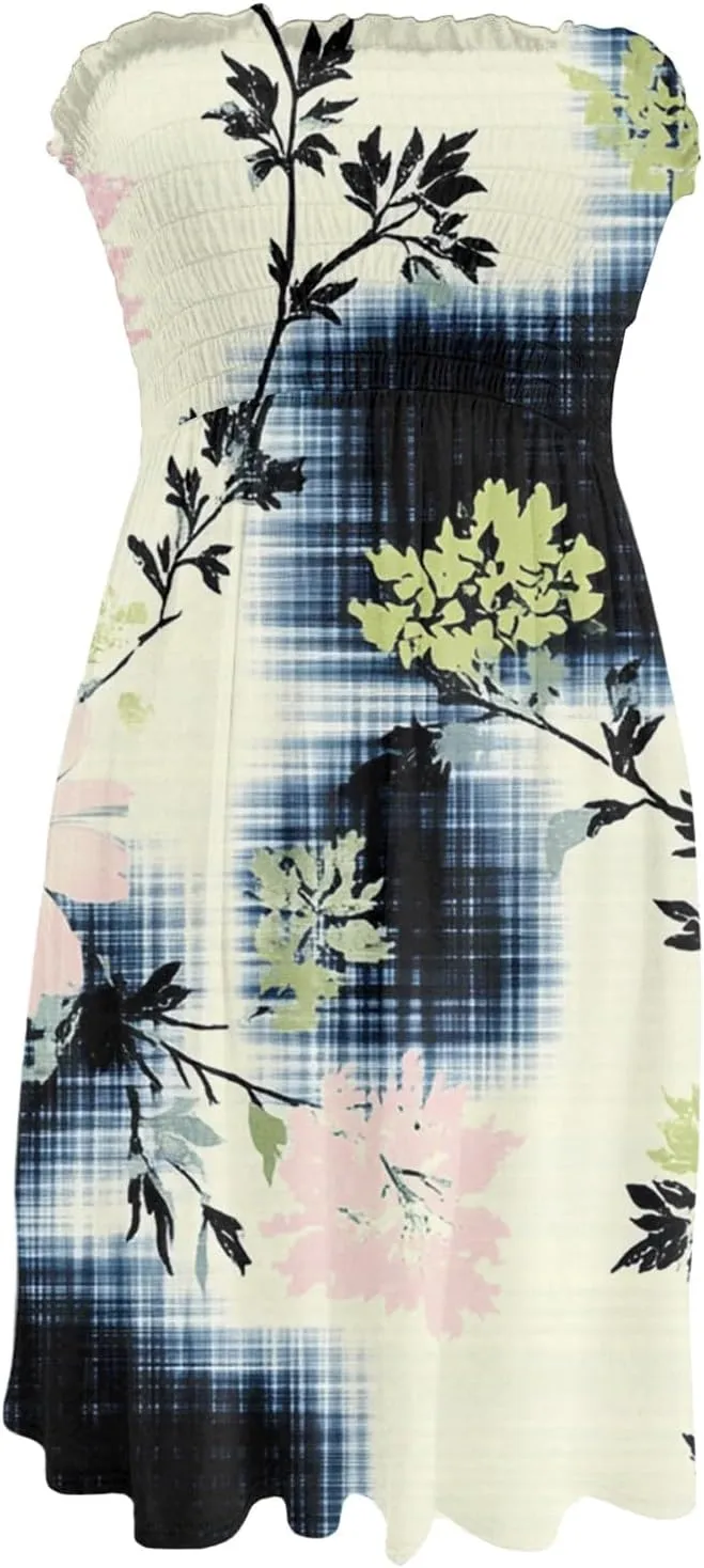 Mini Dresses for Womens Casual Summer Tanks Going Out Floral Print Sleeveless Loose Strapless/Tube Dress Plus Size