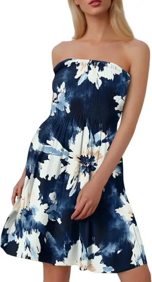 Mini Dresses for Womens Casual Summer Tanks Going Out Floral Print Sleeveless Loose Strapless/Tube Dress Plus Size