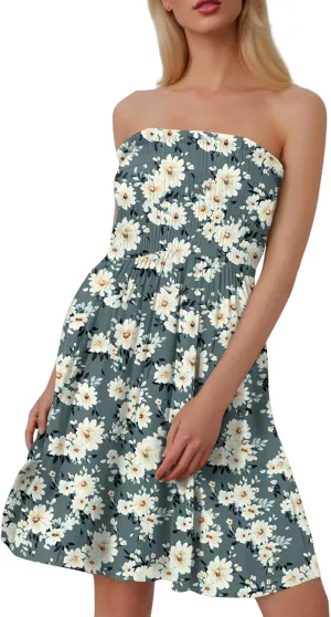 Mini Dresses for Womens Casual Summer Tanks Going Out Floral Print Sleeveless Loose Strapless/Tube Dress Plus Size