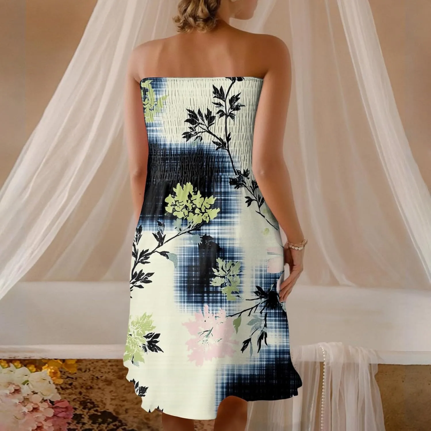 Mini Dresses for Womens Casual Summer Tanks Going Out Floral Print Sleeveless Loose Strapless/Tube Dress Plus Size