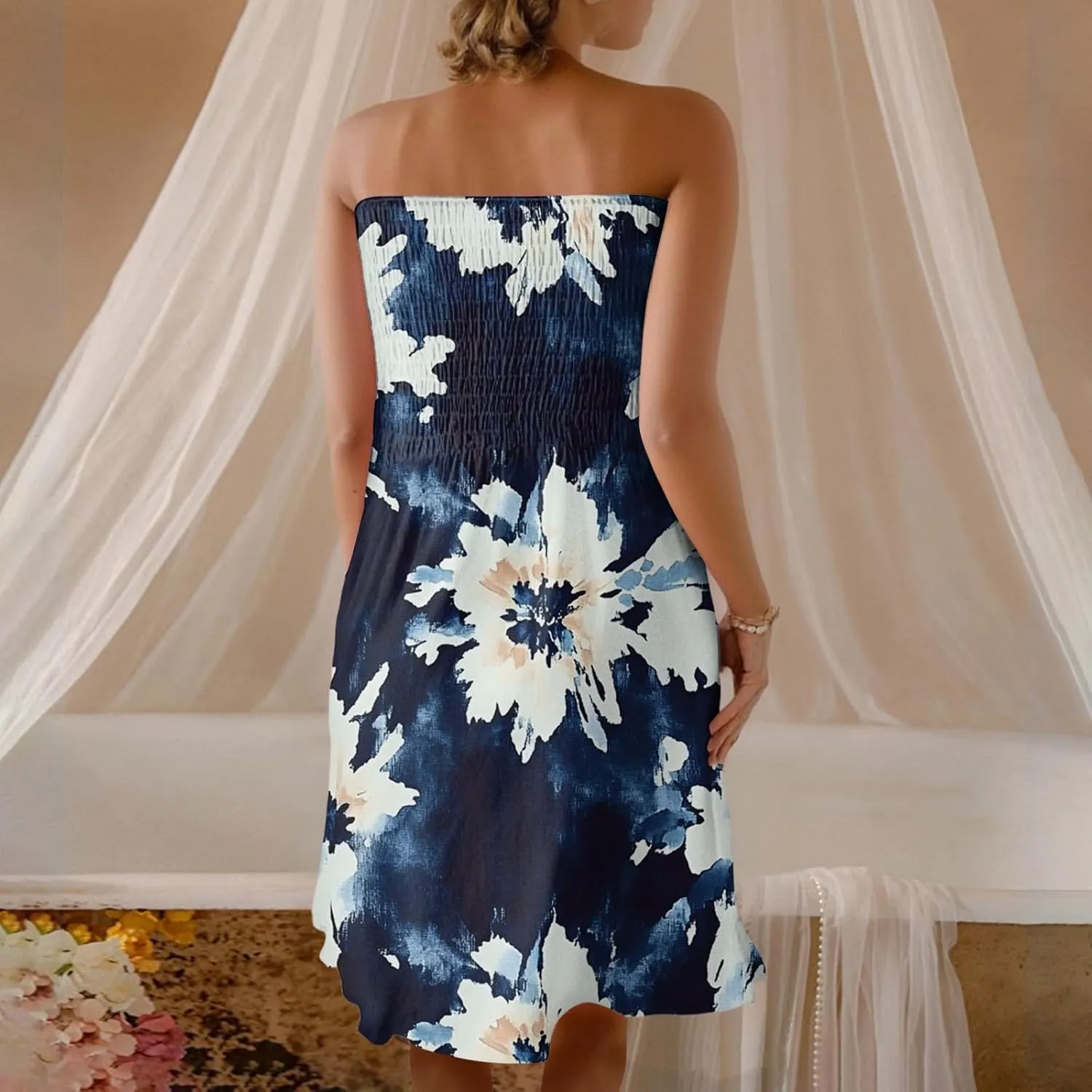Mini Dresses for Womens Casual Summer Tanks Going Out Floral Print Sleeveless Loose Strapless/Tube Dress Plus Size