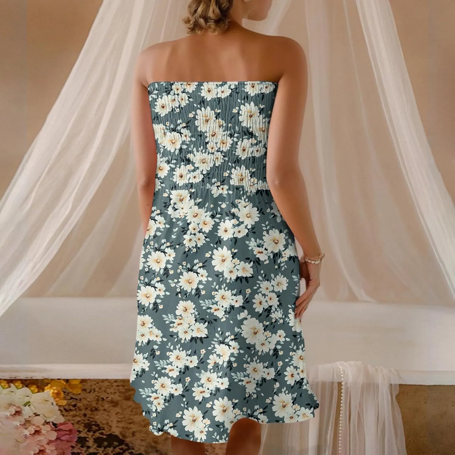 Mini Dresses for Womens Casual Summer Tanks Going Out Floral Print Sleeveless Loose Strapless/Tube Dress Plus Size