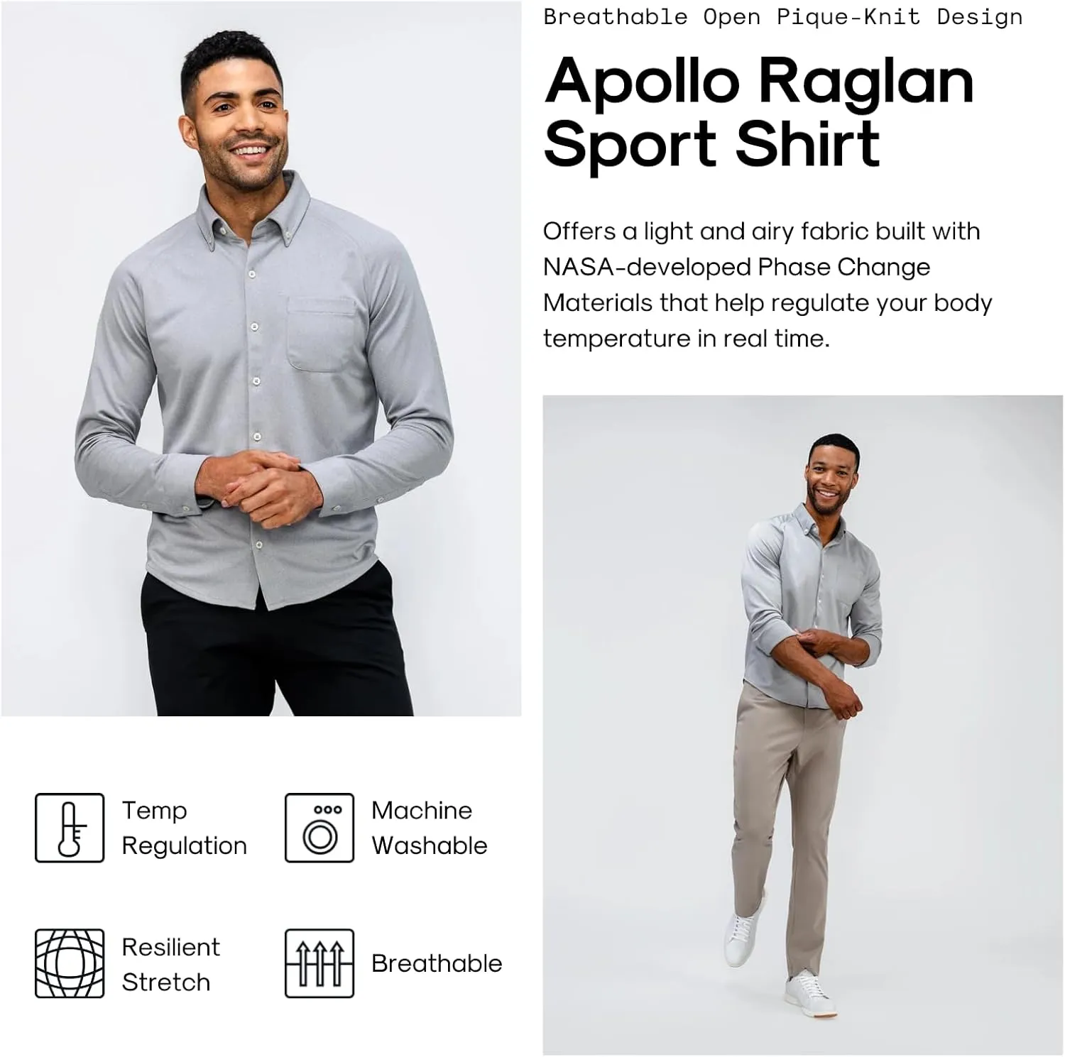 Ministry of Supply Men's Apollo Raglan Sport Dress Shirt, Casual Long Sleeve Button Down, Moisture Wicking, Wrinkle-Resistant