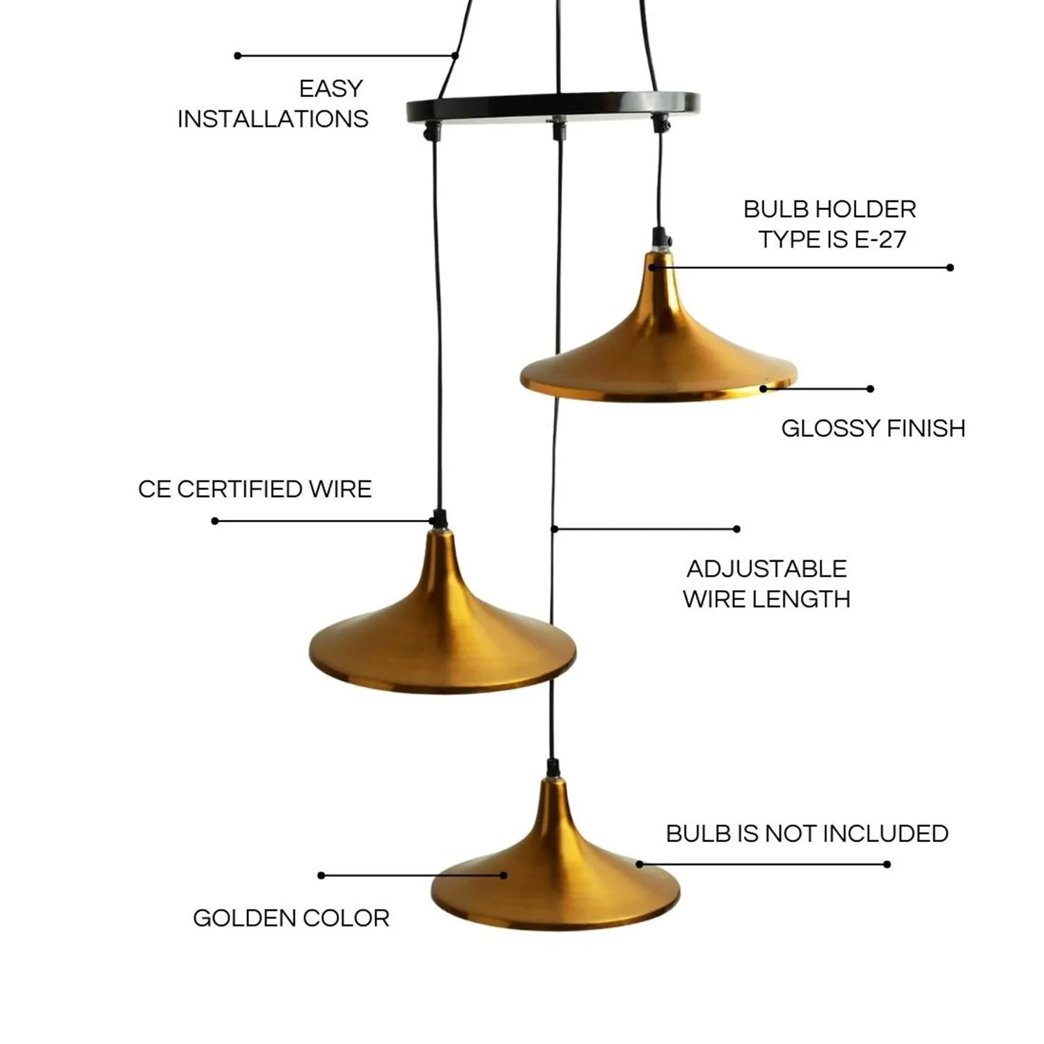 'Modern Drop' Handcrafted Chandelier With Hanging Lamp Shades In Iron (3 Shades, 83.6 cm, Golden)