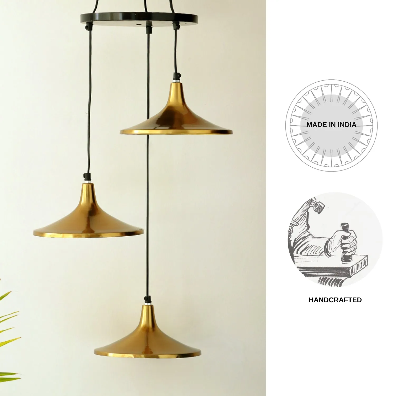 'Modern Drop' Handcrafted Chandelier With Hanging Lamp Shades In Iron (3 Shades, 83.6 cm, Golden)