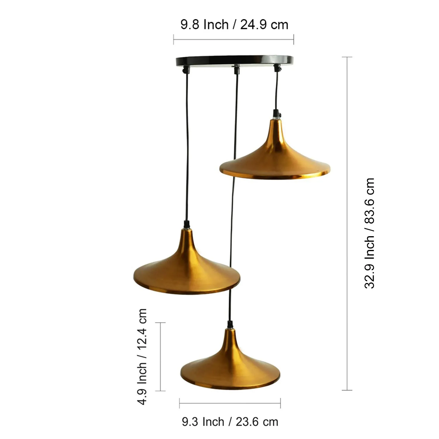 'Modern Drop' Handcrafted Chandelier With Hanging Lamp Shades In Iron (3 Shades, 83.6 cm, Golden)