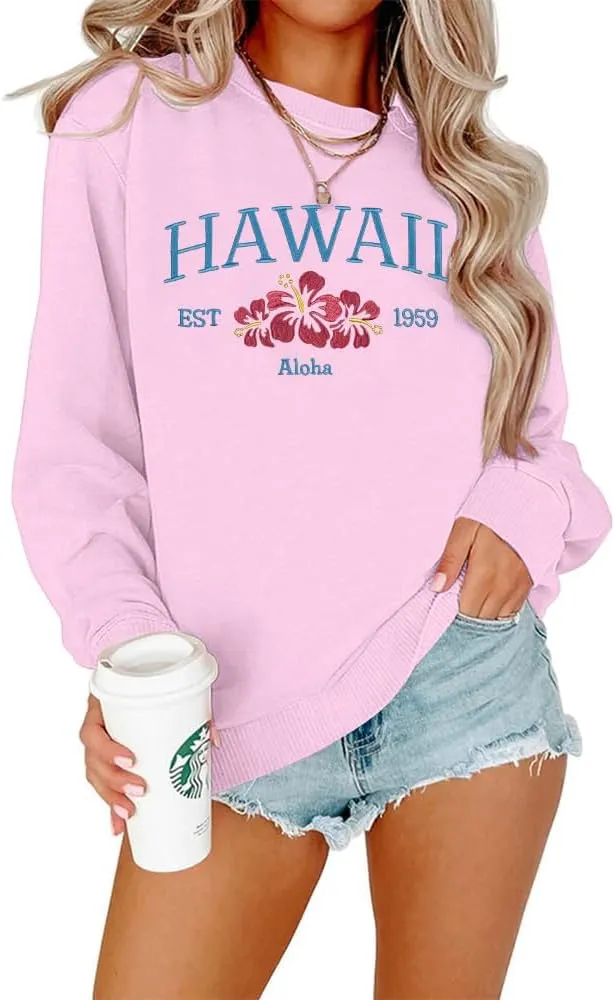 MOUSYA Hawaii Embroidered Sweatshirt Hawaii Aloha State Shirt Vintage 1959 Embroidered Long Sleeve Pullover Top