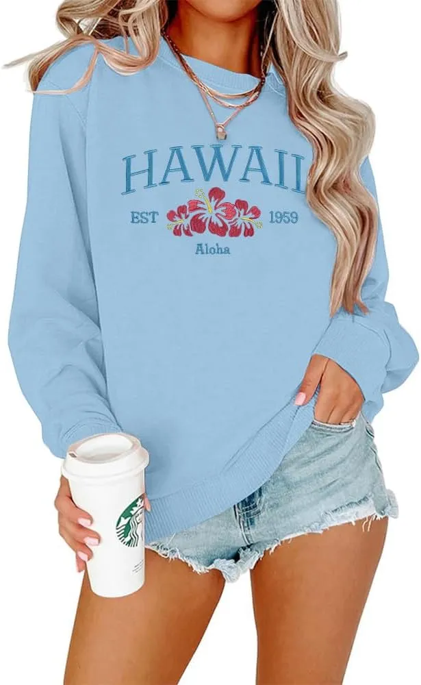 MOUSYA Hawaii Embroidered Sweatshirt Hawaii Aloha State Shirt Vintage 1959 Embroidered Long Sleeve Pullover Top