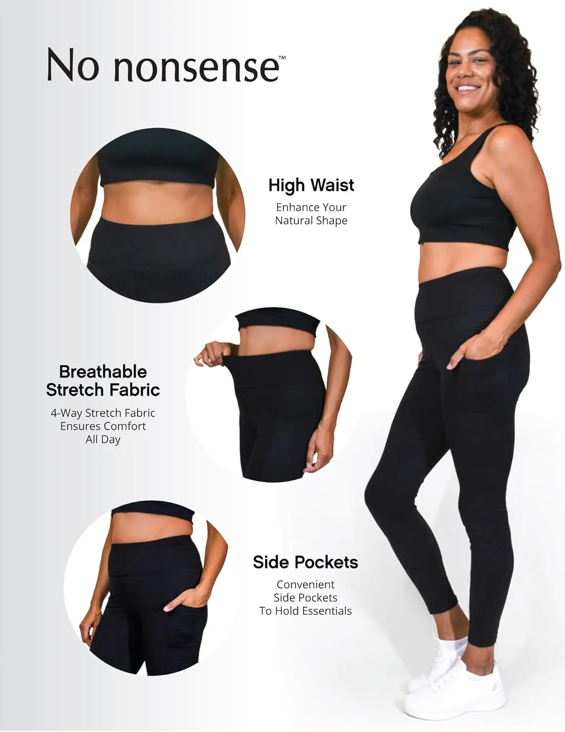 No Nonsense Leggings for Women with Tummy Control and Pockets, Athletic High Waist Yoga Pants