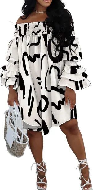 Off Shoulder Dress for Women A-Line Ruffle Sleeve Casual Plus Size Midi Pleated Sundress