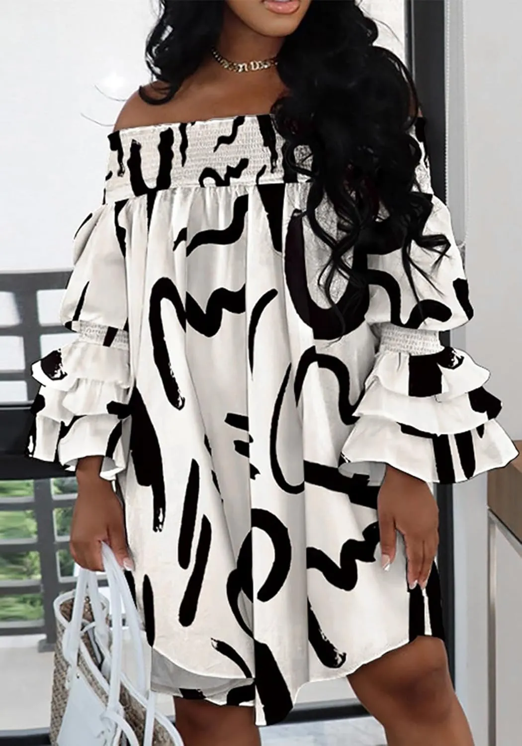 Off Shoulder Dress for Women A-Line Ruffle Sleeve Casual Plus Size Midi Pleated Sundress