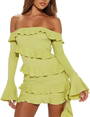 Off Shoulder Dresses for Women Ruffle Mini Dress Long Sleeve Cute Y2-k Cocktail Going Out Dress