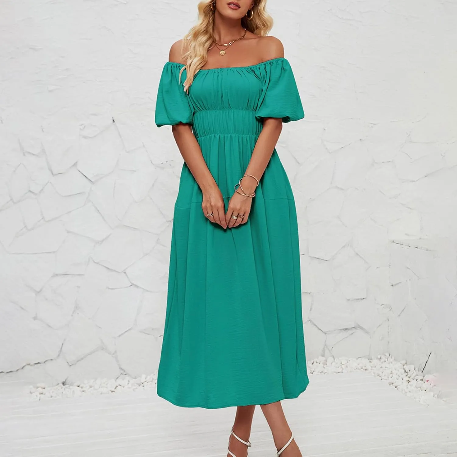 Off-Shoulder Dresses for Women Summer Puff Sleeve Empire Waist Casual A-Line Beach Sundress Flowy Hem Midi Dress