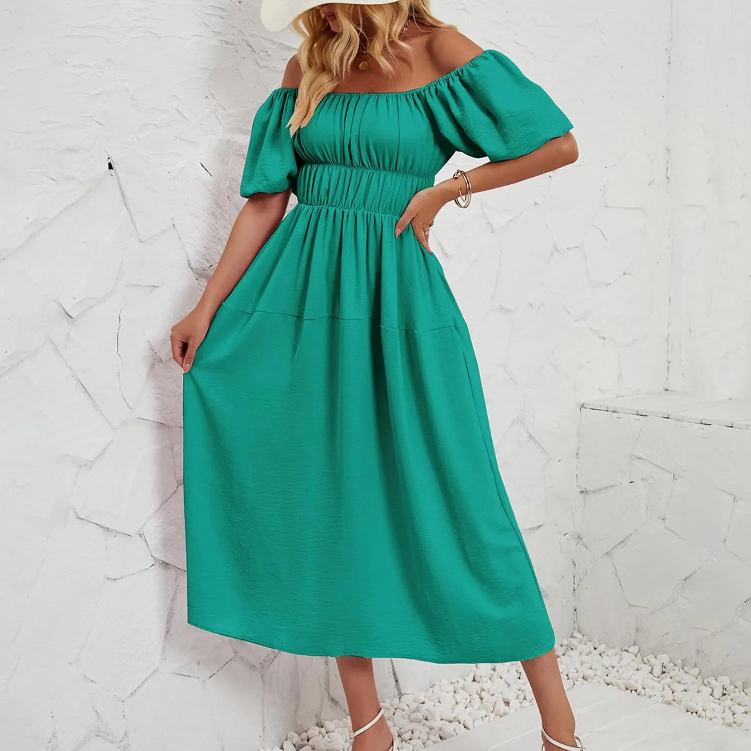 Off-Shoulder Dresses for Women Summer Puff Sleeve Empire Waist Casual A-Line Beach Sundress Flowy Hem Midi Dress