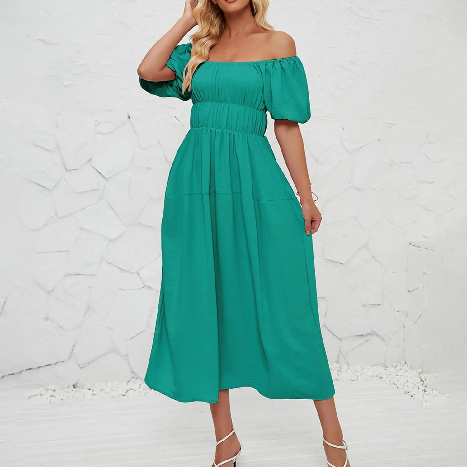 Off-Shoulder Dresses for Women Summer Puff Sleeve Empire Waist Casual A-Line Beach Sundress Flowy Hem Midi Dress