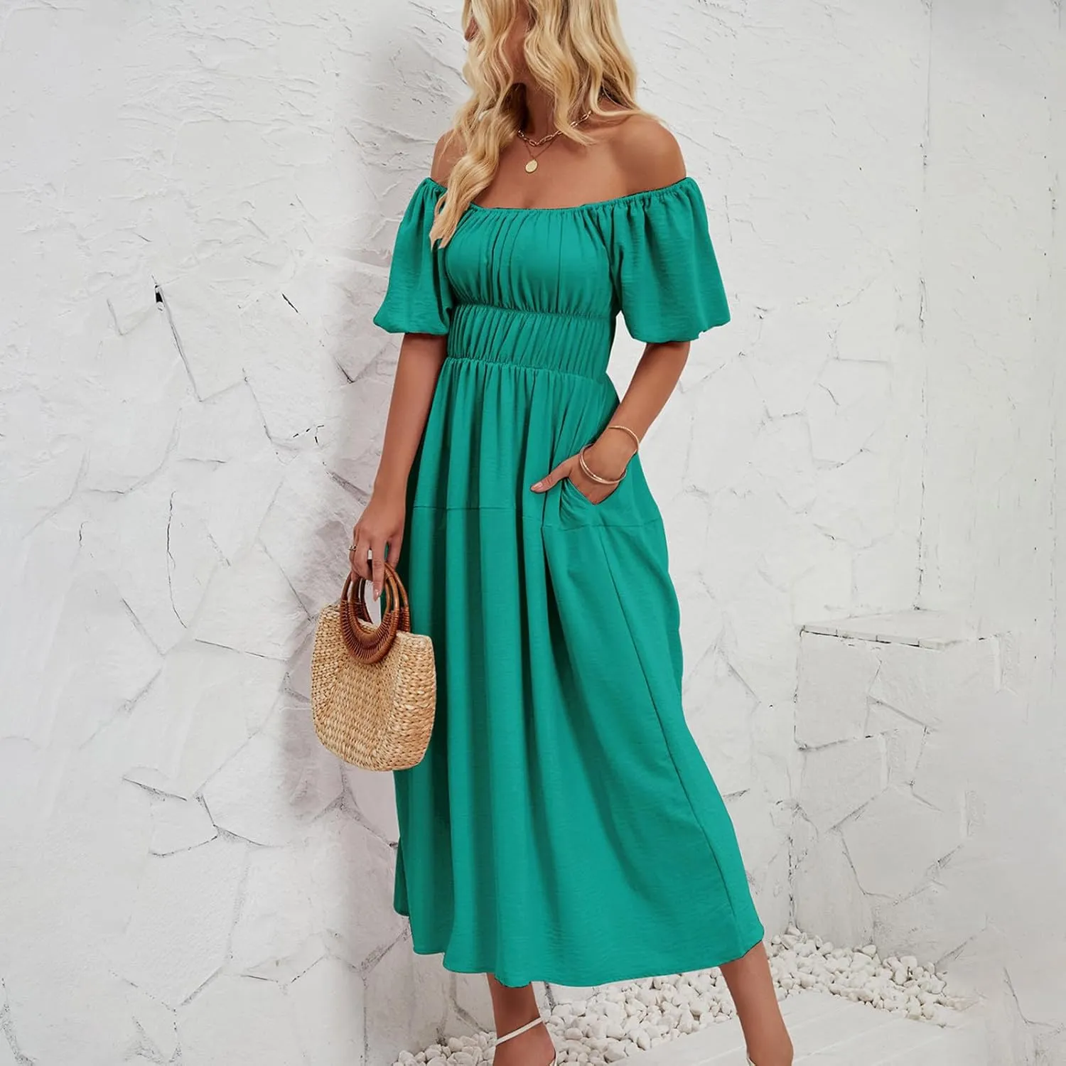 Off-Shoulder Dresses for Women Summer Puff Sleeve Empire Waist Casual A-Line Beach Sundress Flowy Hem Midi Dress