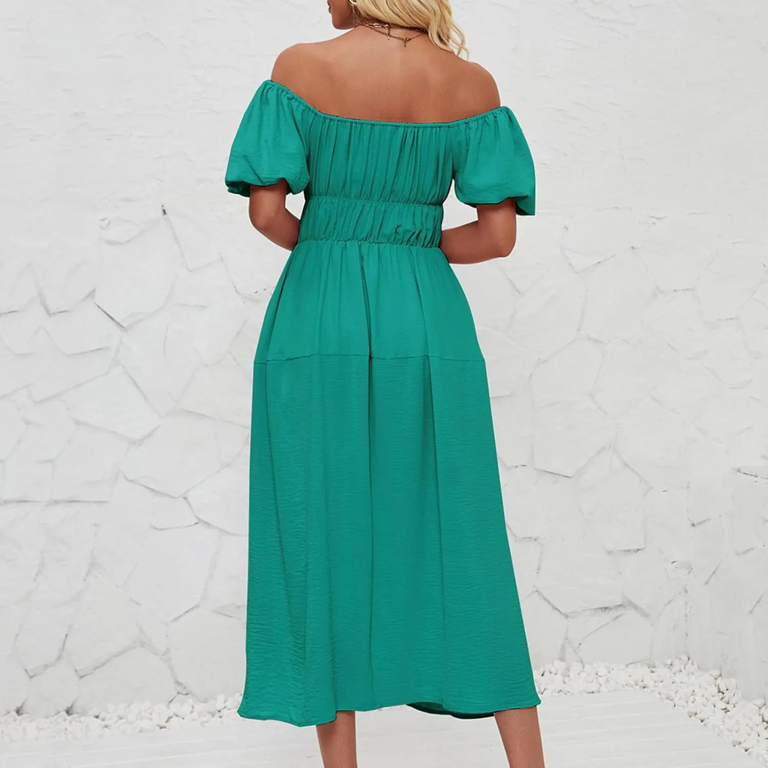 Off-Shoulder Dresses for Women Summer Puff Sleeve Empire Waist Casual A-Line Beach Sundress Flowy Hem Midi Dress