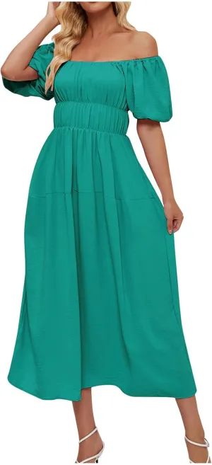 Off-Shoulder Dresses for Women Summer Puff Sleeve Empire Waist Casual A-Line Beach Sundress Flowy Hem Midi Dress