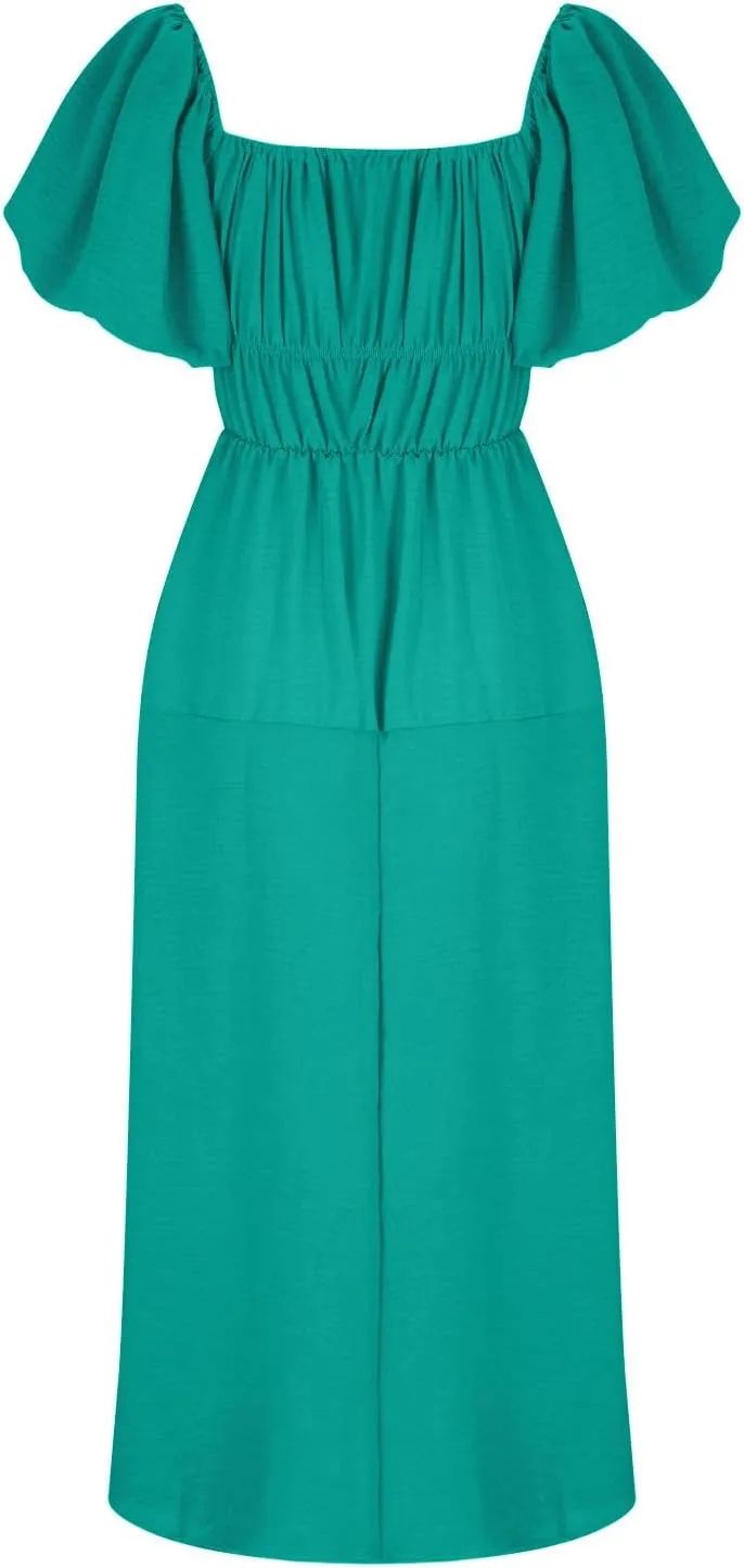 Off-Shoulder Dresses for Women Summer Puff Sleeve Empire Waist Casual A-Line Beach Sundress Flowy Hem Midi Dress