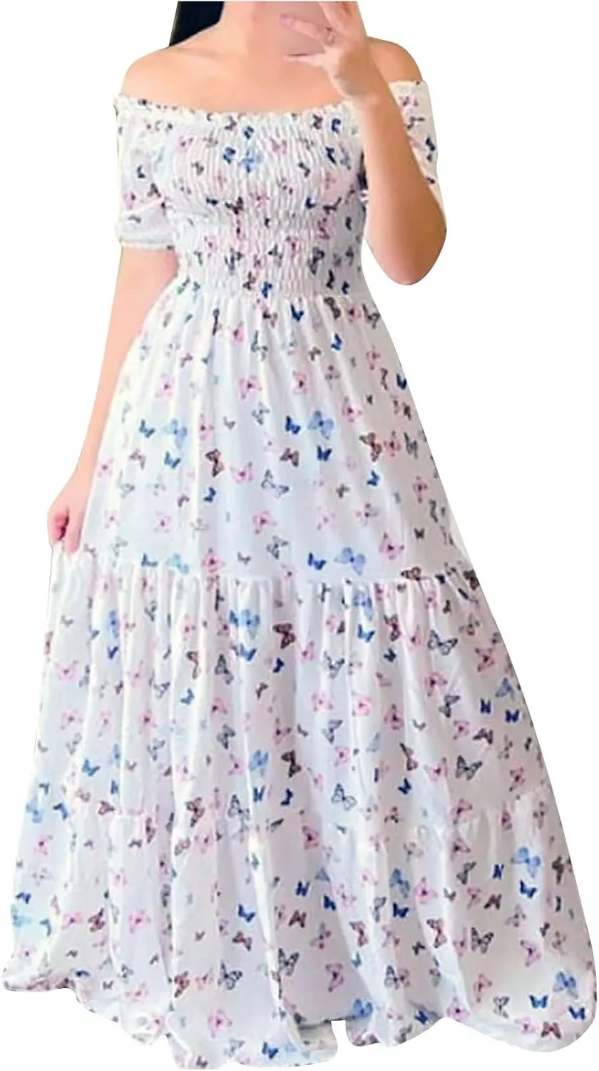 Off Shoulder Dresses for Women,Elegant Tie Dye Print Smocked Sexy Short Sleeve Long Dress Plus Size Flowy Maxi Dress