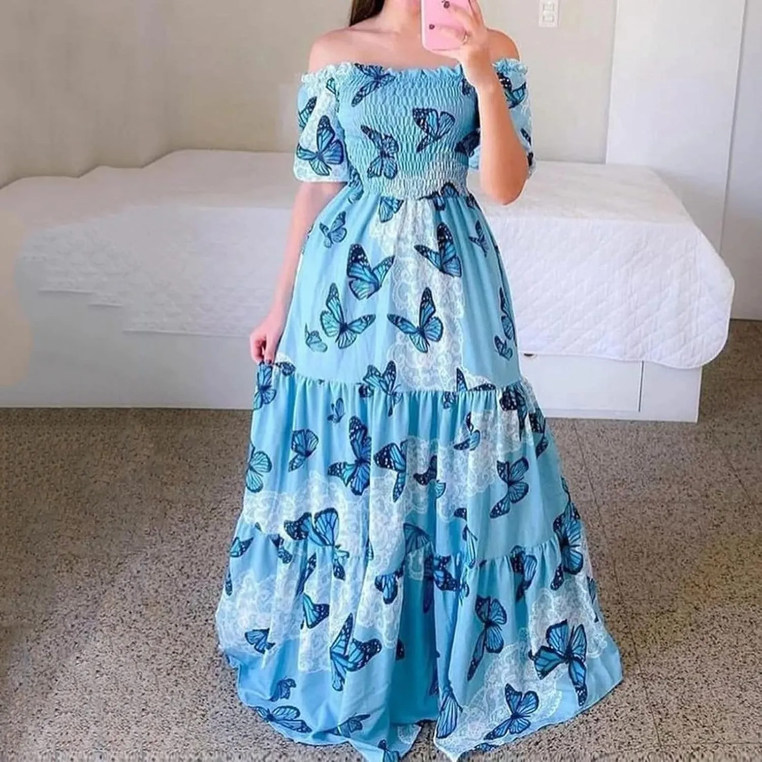 Off Shoulder Dresses for Women,Elegant Tie Dye Print Smocked Sexy Short Sleeve Long Dress Plus Size Flowy Maxi Dress