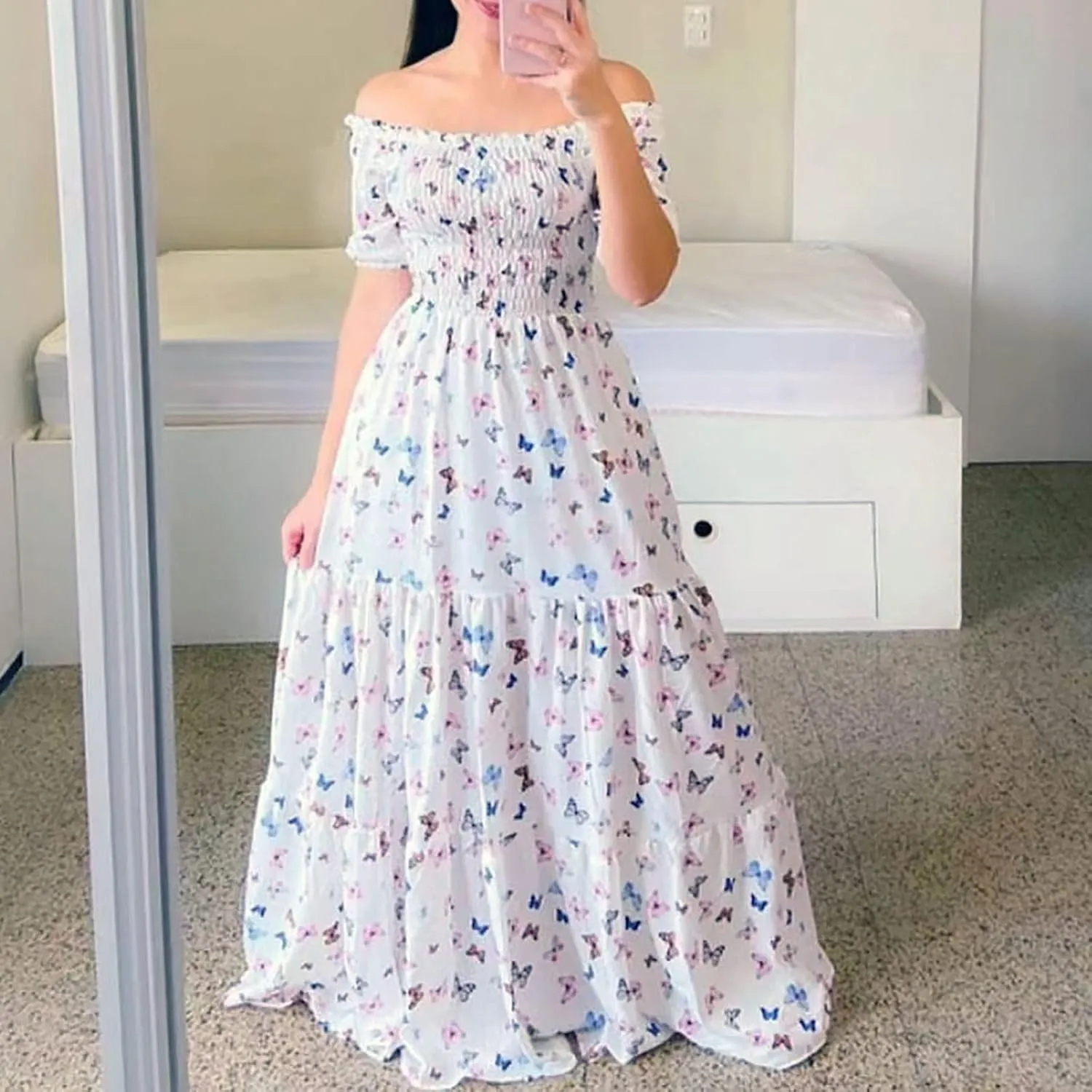 Off Shoulder Dresses for Women,Elegant Tie Dye Print Smocked Sexy Short Sleeve Long Dress Plus Size Flowy Maxi Dress
