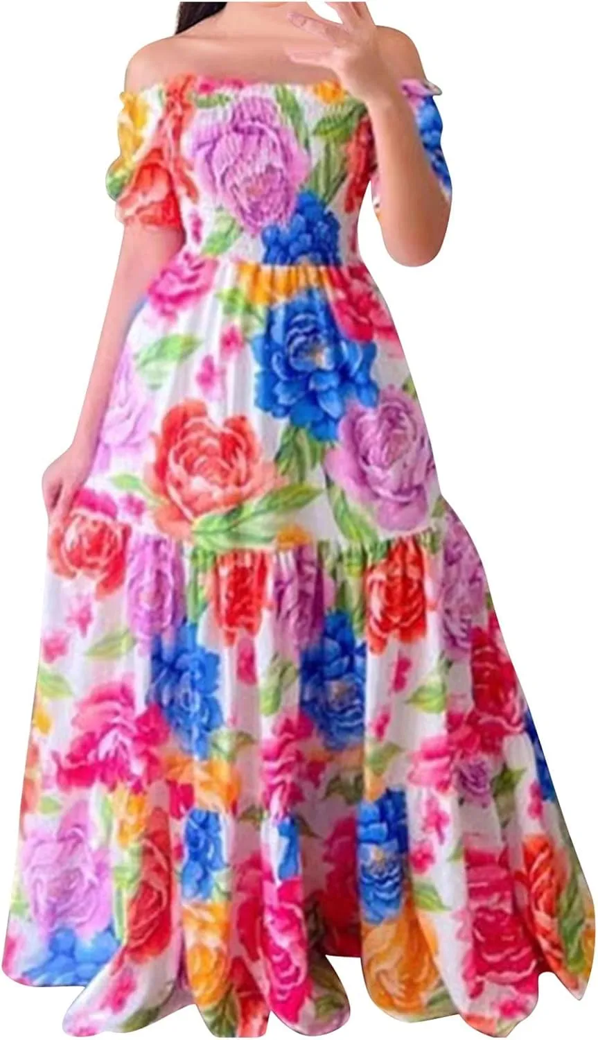 Off Shoulder Dresses for Women,Elegant Tie Dye Print Smocked Sexy Short Sleeve Long Dress Plus Size Flowy Maxi Dress