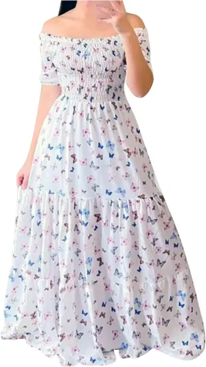 Off Shoulder Dresses for Women,Elegant Tie Dye Print Smocked Sexy Short Sleeve Long Dress Plus Size Flowy Maxi Dress