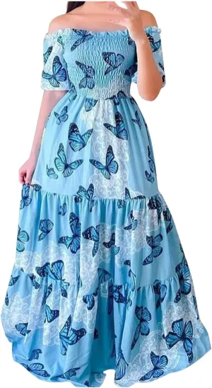 Off Shoulder Dresses for Women,Elegant Tie Dye Print Smocked Sexy Short Sleeve Long Dress Plus Size Flowy Maxi Dress