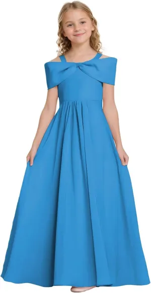 Off The Shoulder Junior Bridesmaid Dresses Chiffon Flower Girl Dress with Bow Pageant Gown